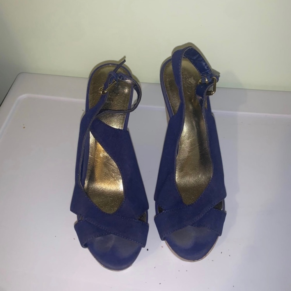 Blue and gold wedged heels